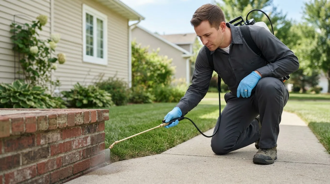 Pest control technician treating a home near Spillville, IA